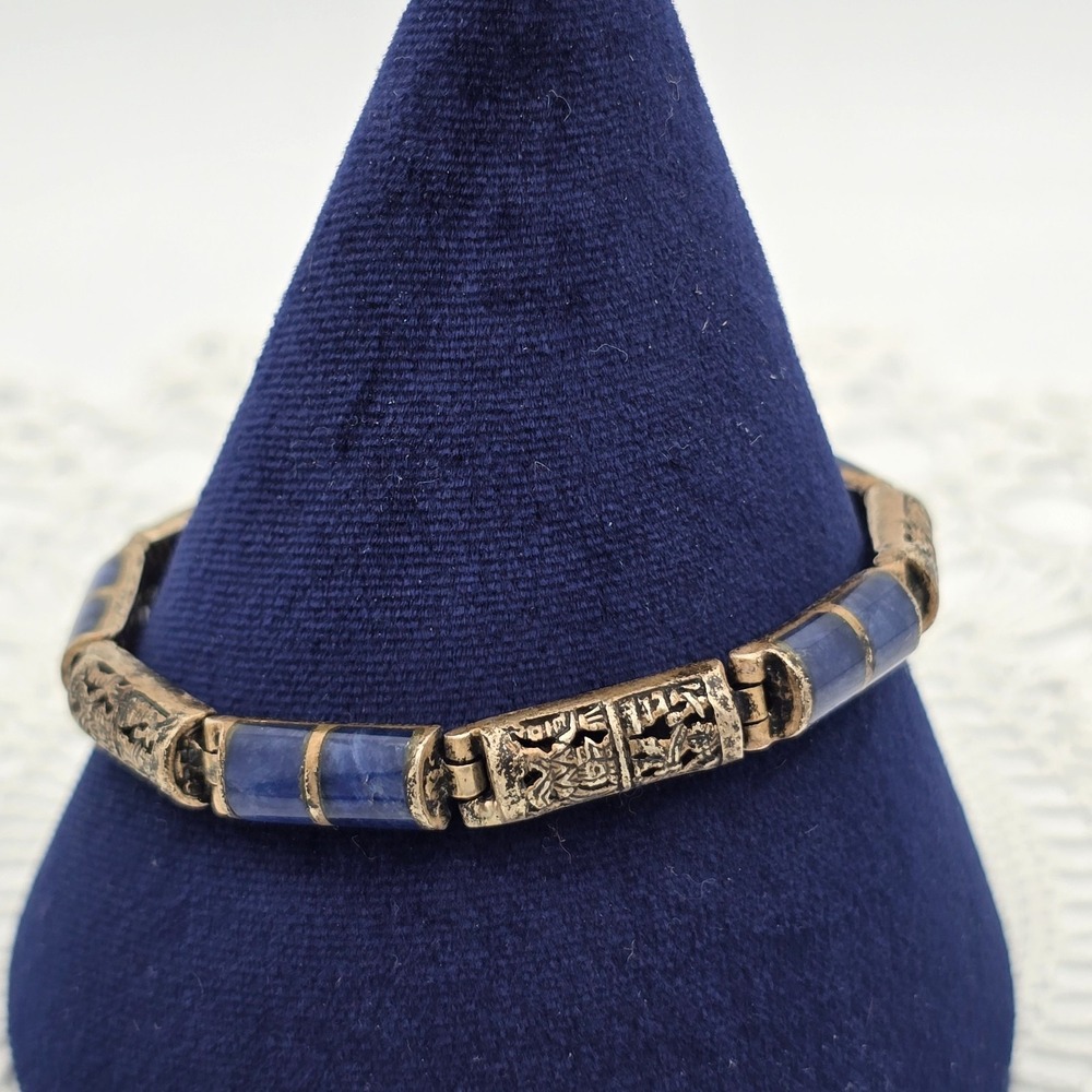 Antique Chinese Export Sterling Silver Gilt Vermeil Filigree Lapis Link Bracelet